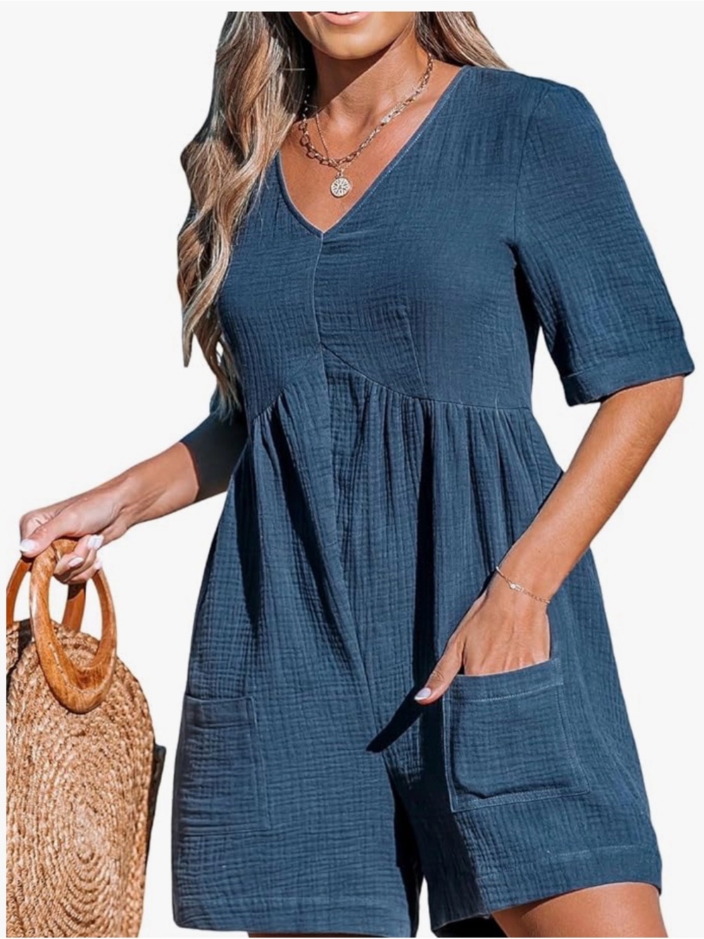 100% Cotton Cupshe Slate Blue Textured Short Sleeve Romper